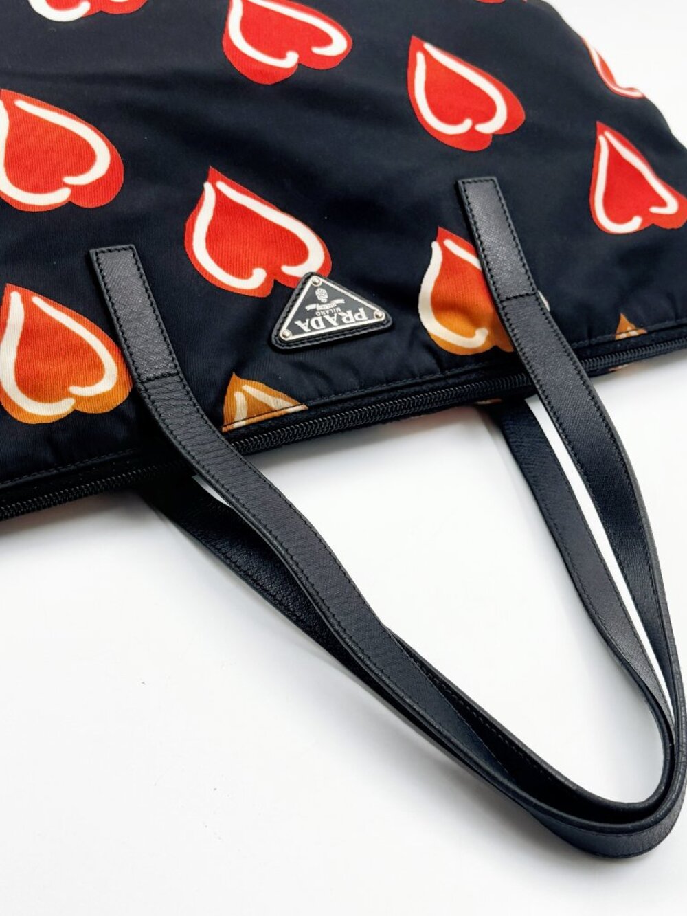 Prada Black Nylon Heart Print Tote Bag Red Orange Hearts Shoulder Bag - Picture 9 of 13